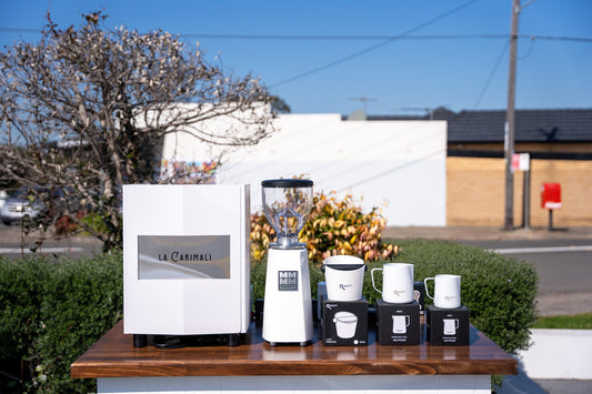 La Carimali Nimble 1 Group White Coffee Machine, Mazzer Mini Electronic A Grinder & Accessories - Australia - Di Pacci