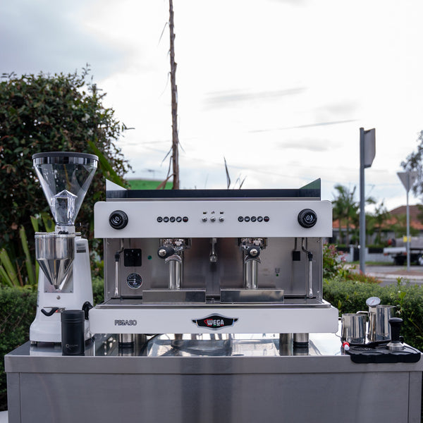 Wega Pegaso & Mazzer Super Jolly E Grinder + Precision Accessories & Stainless Steel Coffee Cart Package - Australia - Di Pacci