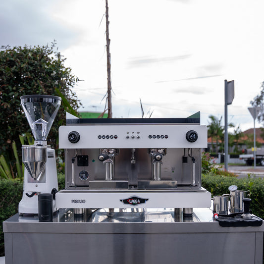 Wega Pegaso & Mazzer Super Jolly E Grinder + Precision Accessories & Stainless Steel Coffee Cart Package - Australia - Di Pacci